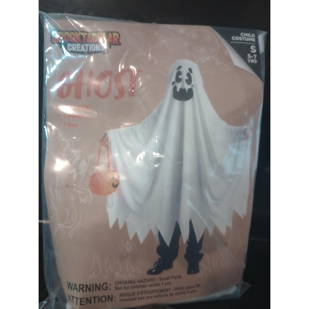 Spooktacular Creations Kids Ghost Costume Size S 5-7 Poncho Treat Bag New